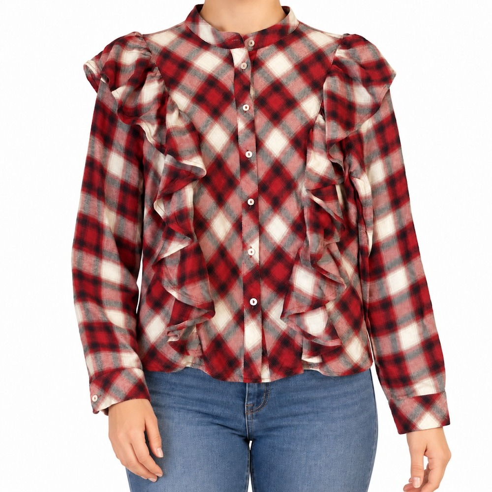 Zara Basic Z1975 Denim Women M Red Plaid Ruffle Blouse Long Sleeve Button Down